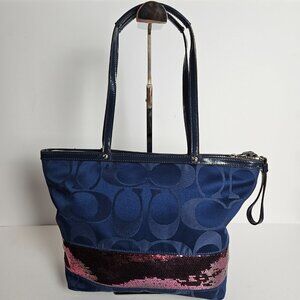 Coach Signature Tote Handbag J1120-F17574 Satin Pink Sequin Band Medium Blue Bag